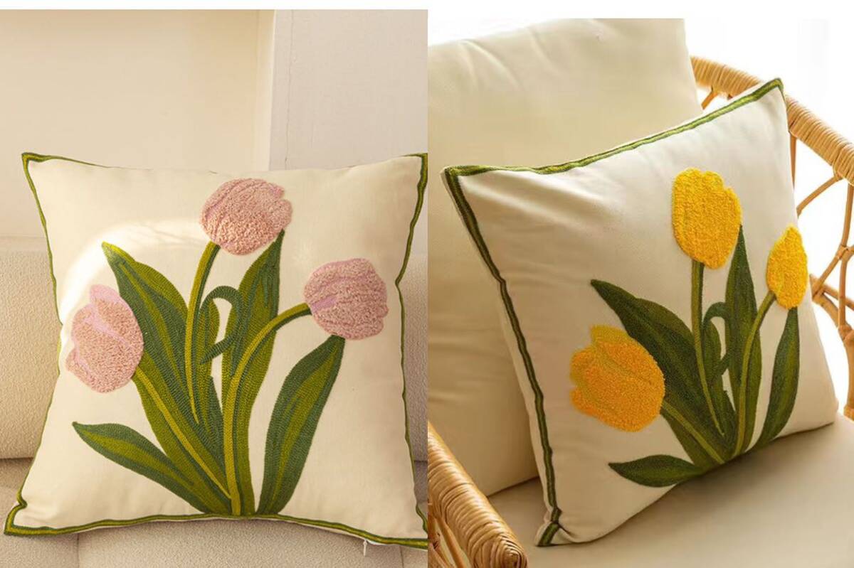 クッションカバー 45＊45 厚手　チューリップ　花柄　立体　ピンク＋イエロー　可愛い　2枚セット