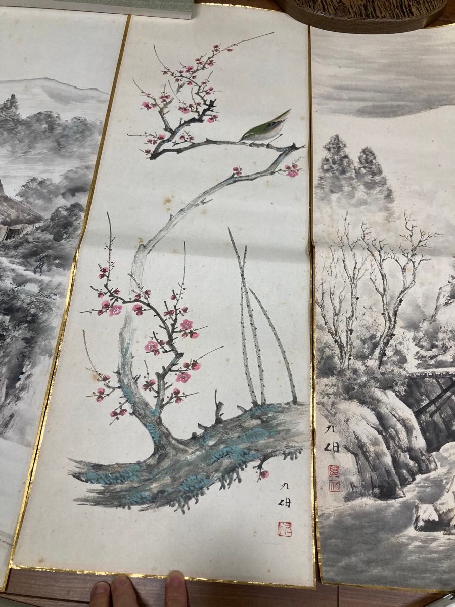 高田九伯 美術品 水墨山水図 梅竹花鳥 掛軸用日本画 4枚 色紙画 高田九伯 美術品 水墨山水図 梅竹花鳥 掛軸用日本画 4枚 色紙画