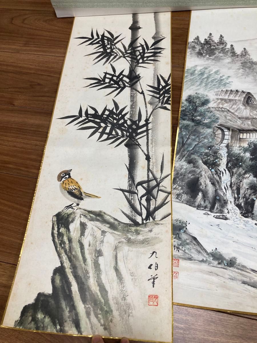 高田九伯 美術品 水墨山水図 梅竹花鳥 掛軸用日本画 4枚 色紙画 高田九伯 美術品 水墨山水図 梅竹花鳥 掛軸用日本画 4枚 色紙画