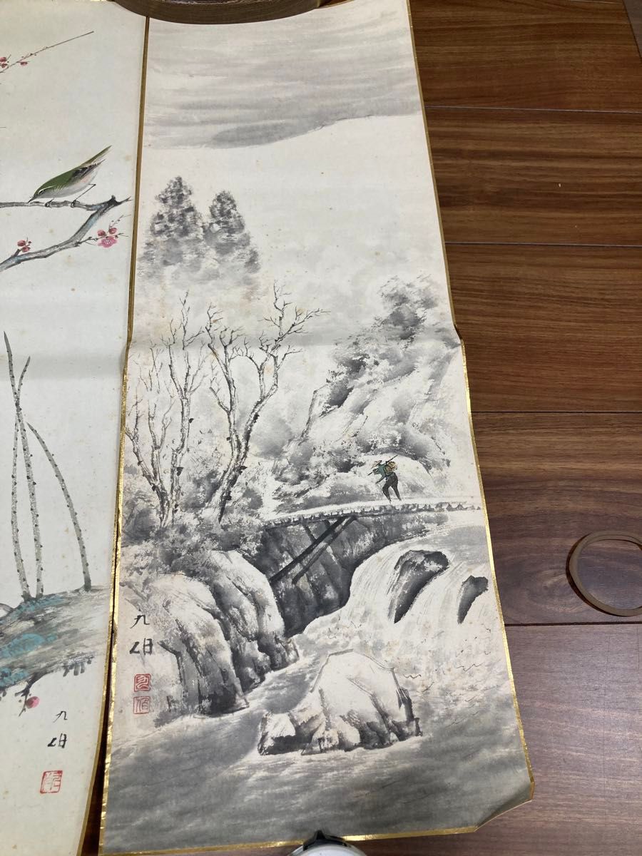 高田九伯 美術品 水墨山水図 梅竹花鳥 掛軸用日本画 4枚 色紙画 高田九伯 美術品 水墨山水図 梅竹花鳥 掛軸用日本画 4枚 色紙画