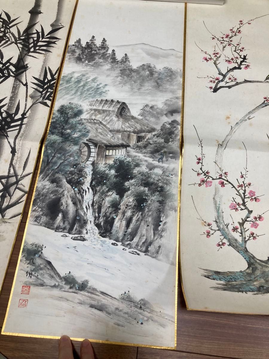 高田九伯 美術品 水墨山水図 梅竹花鳥 掛軸用日本画 4枚 色紙画 高田九伯 美術品 水墨山水図 梅竹花鳥 掛軸用日本画 4枚 色紙画