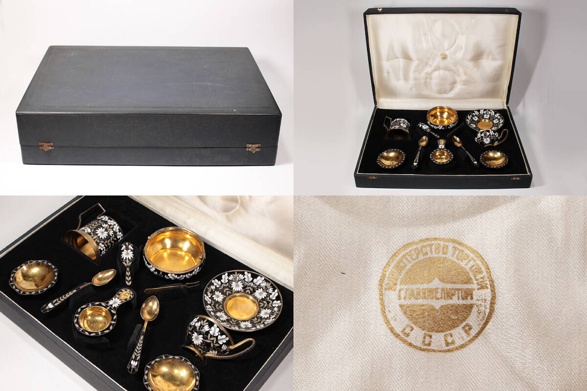 ロシア製 CCCP 銀 916刻印 七宝 ティーセット 総重量965g ロシア製 CCCP 銀 916刻印 七宝 ティーセット 総重量965g