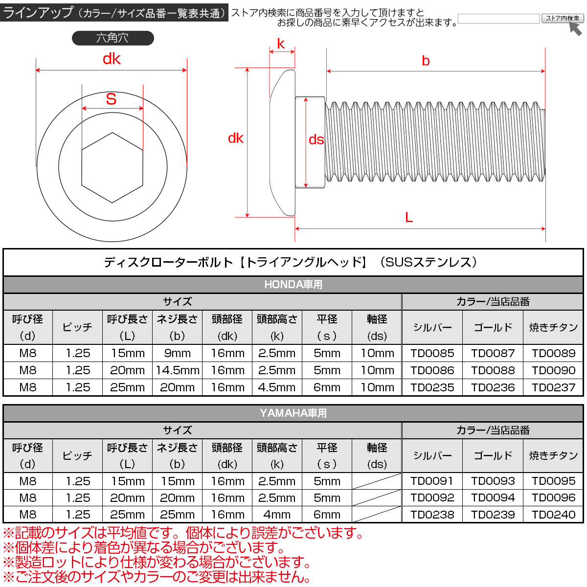 ホンダ用 M8×20mm P=1.25 ブレーキ ディスク ローター ボルト SUS304 ステンレス トライアングルヘッド ゴールド TD0088