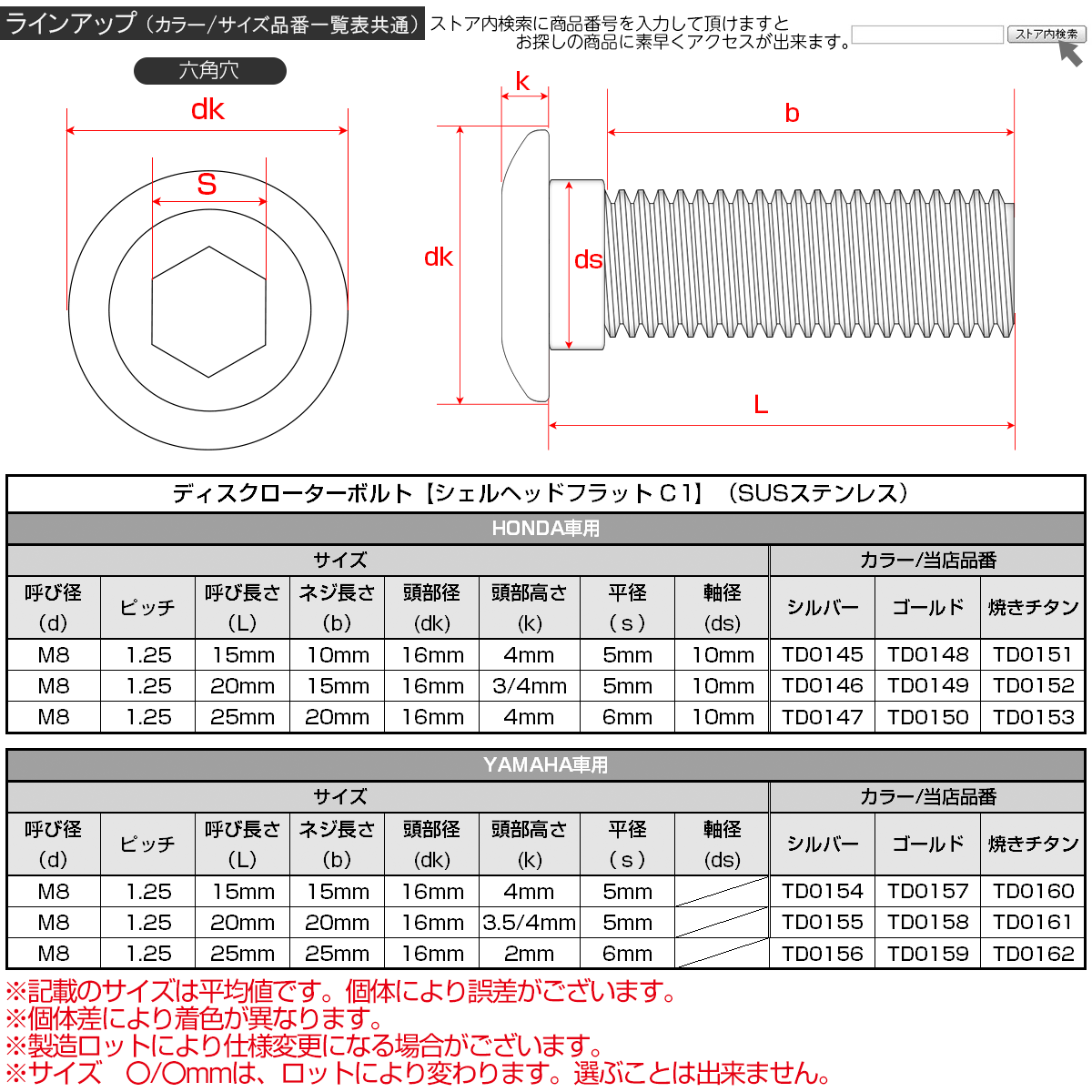 ブレーキ ディスクローター ボルト ホンダ用 M8×20mm P=1.25 ステンレス シェルヘッドフラット C1 ゴールド TD0149
