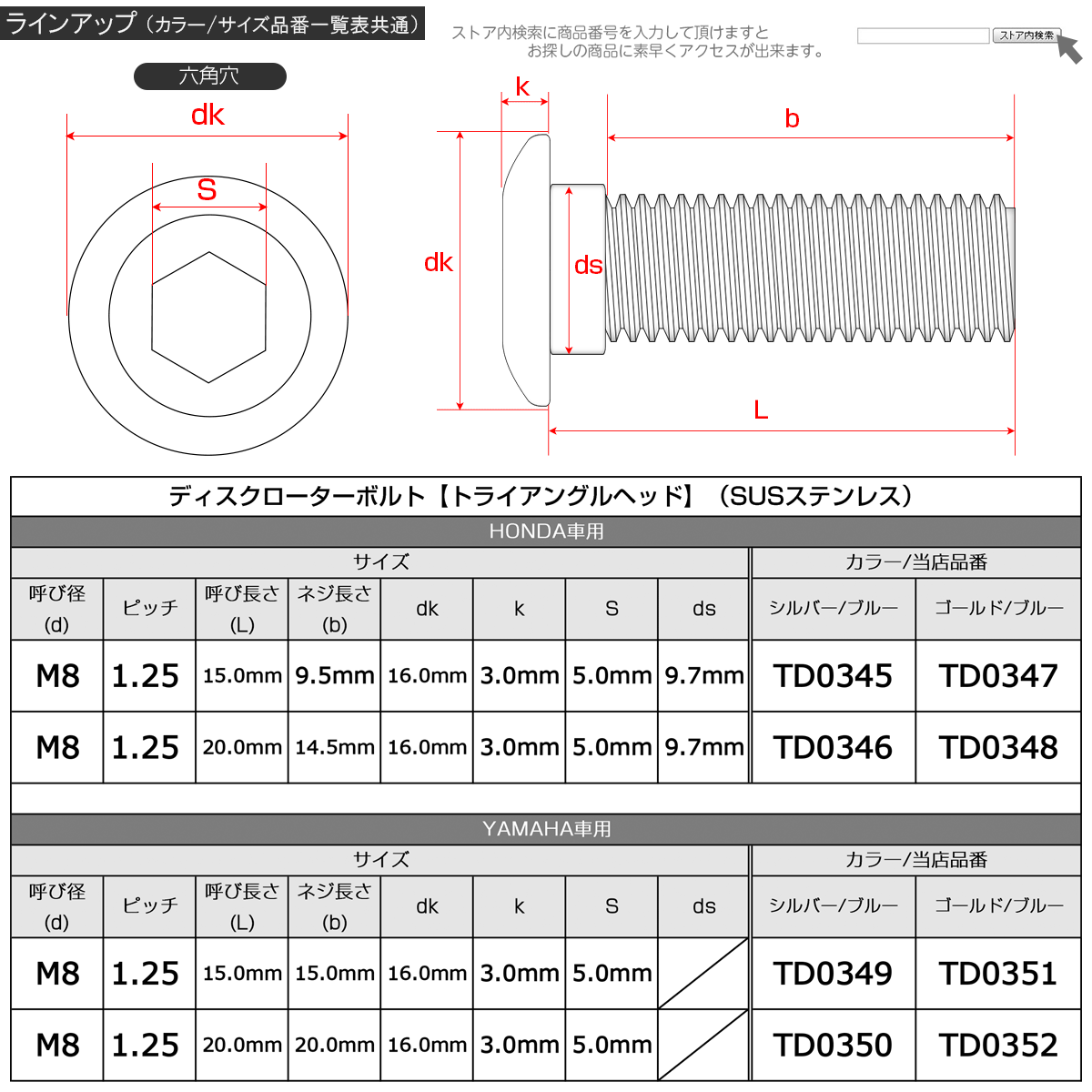 ホンダ用 ディスクボルト M8×20mm P=1.25 ブレーキ ローター ボルト SUS304 トライアングルヘッドシルバー/ブルー TD0346