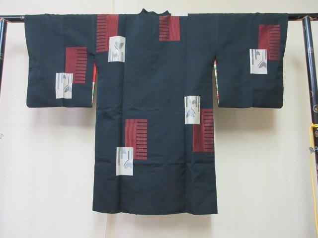 1 jpy used silk road line put on Japanese clothes long coat .. antique Japanese clothes black square fancy cardboard tanzaku high class . length 90cm.64cm[ dream job ]***