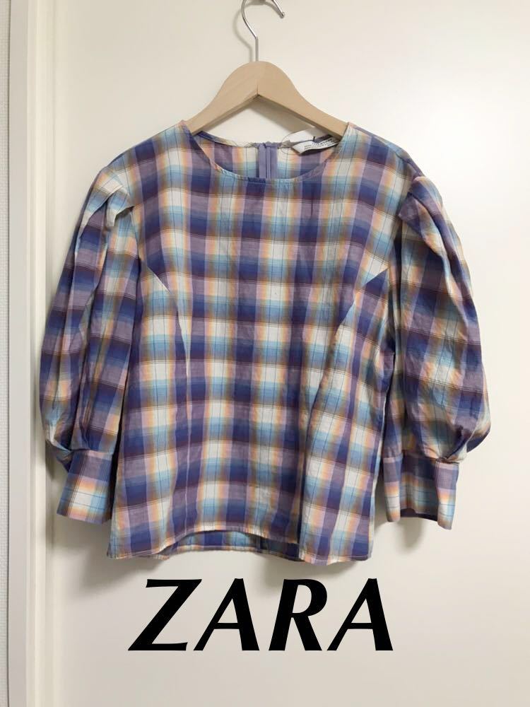 ヤフオク! - ZARA チェック柄トップス ブラウス パフスリーブ コッ...