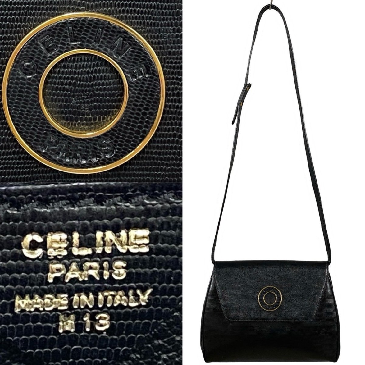 ほぼ未使用 CELINE セリーヌ ヴィンテージ サークルロゴ 金具 レザー 本革 ミニ ショルダーバッグ ポシェット ブラック 黒 24162