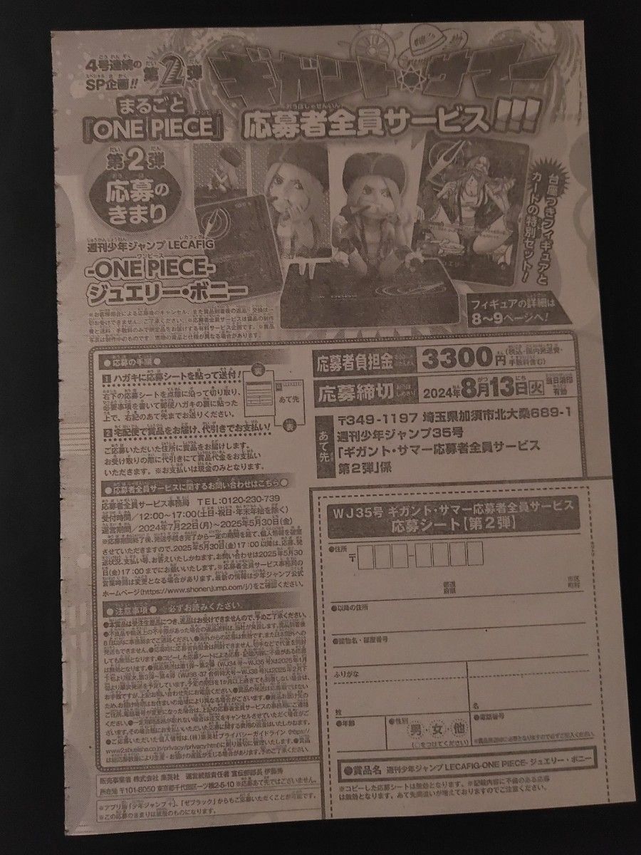 週刊少年ジャンプ35号 ワンピース 応募者全員サービス 応募 週刊少年ジャンプ35号 ワンピース 応募者全員サービス 応募
