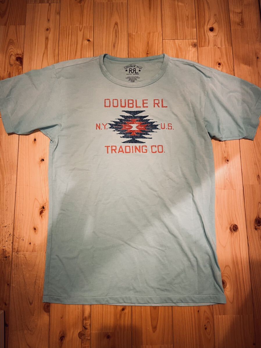 美品　RRL ダブルアールエル　Double RLネイティブ　ブランドロゴ　プリント半袖Tシャツ ヴィンテージ加工 ミントグリーン S/S M