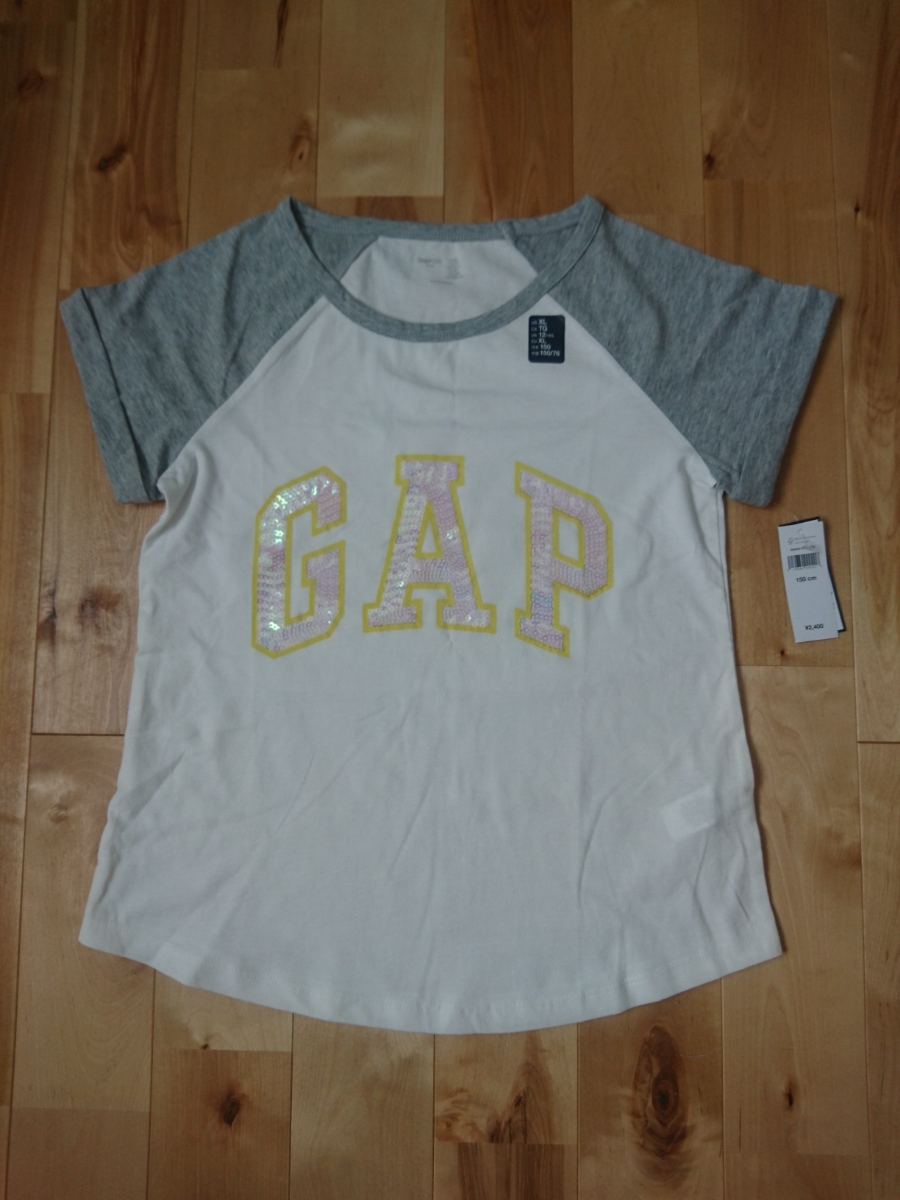 タグ付き新品★Gap KIDS スパンコールロゴ半袖Tシャツ 150サイズ　白×グレー_画像1