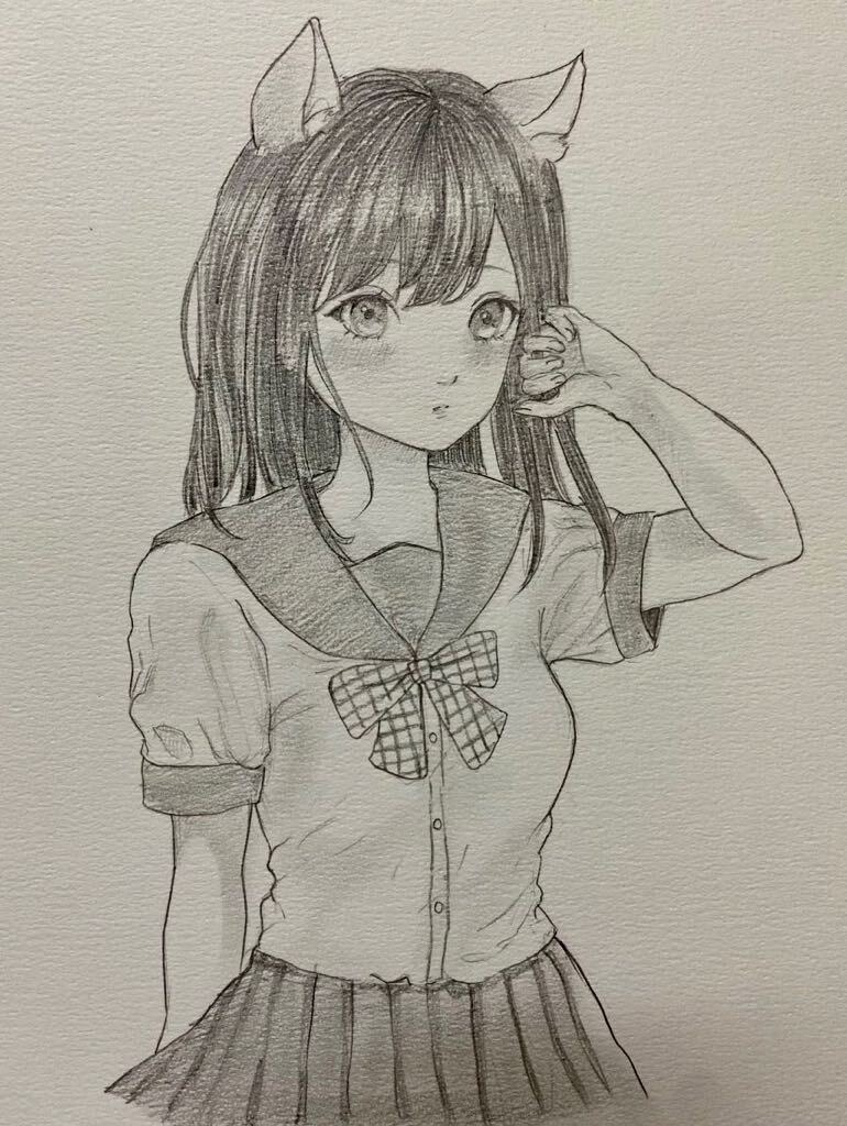 手描きイラスト オリジナル 鉛筆画 モノクロ ケモ耳 アナログ 手描きイラスト オリジナル 鉛筆画 モノクロ ケモ耳 アナログ