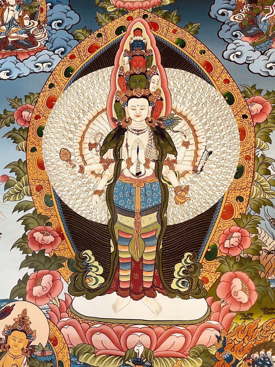 【手描き肉筆画 チベット密教 一点物 新品 】タンカ 曼荼羅 仏陀 釈迦 a4 SALE《一点物 手描き肉筆画》ロケショワー 十一面観音 タンカ