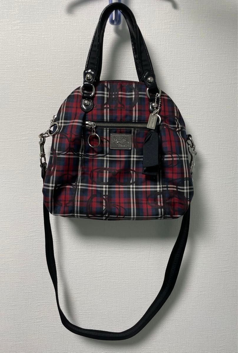 COACH コーチ 黒と赤のチェック柄ハンドバッグ COACH コーチ ハンドバッグ ショルダーバッグ ポピー 赤