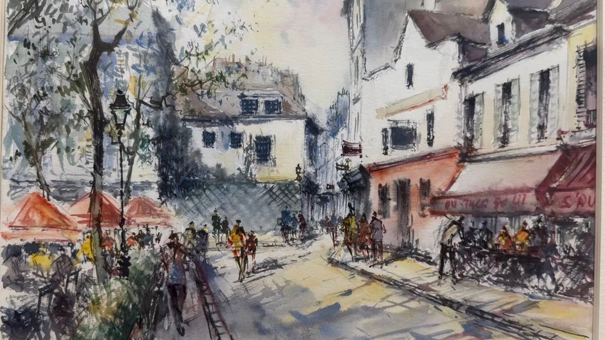 水彩画 風景画 パリ 街並み