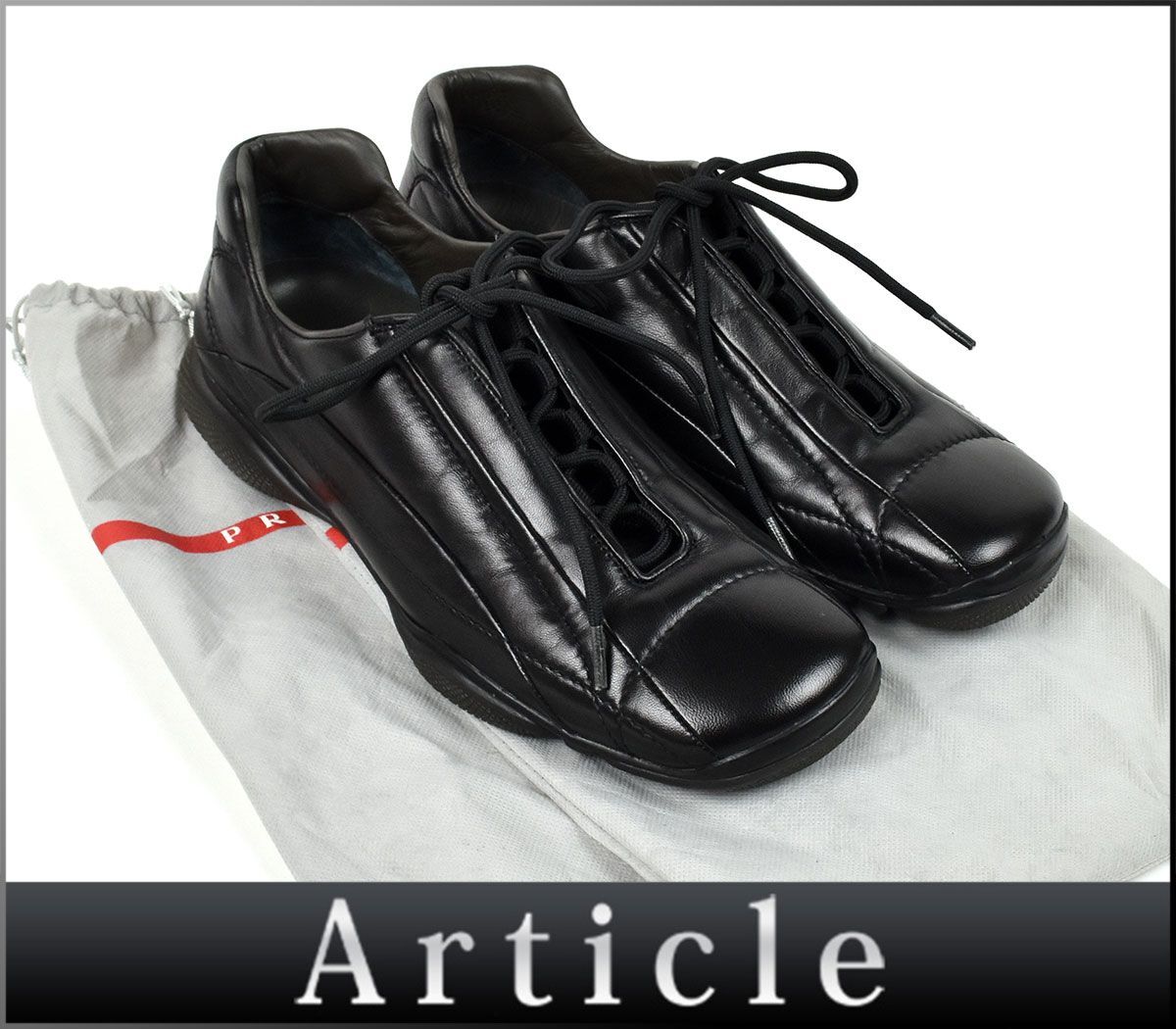 182865〇美品 PRADA プラダ スポーツ ローカット スニーカー 靴 25cm レザー 革 ブラック 黒 スクエアトゥ メンズ 保存袋付/ F