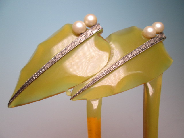 【江月】アンティーク・本鼈甲彫金細工真珠飾りのかんざし 共ケース付