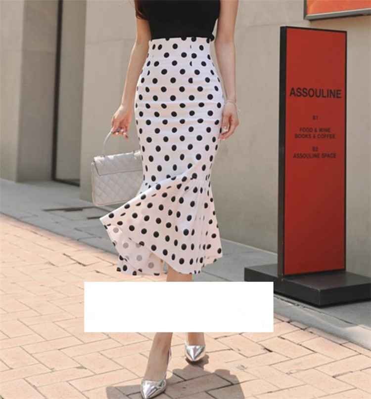 thin cloth slim middle ~ length height frill chiffon dot pattern fish tail skirt XS black 