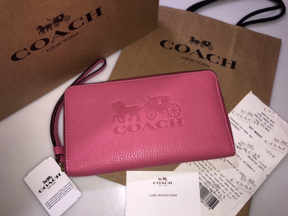 *331c◆新品◆送料無料◆COACH コーチ◆F75908 長財布 ピンクルビー ロゴ型押し 馬車 ホース リストレット IDケース 定期入れ カードケース_画像1