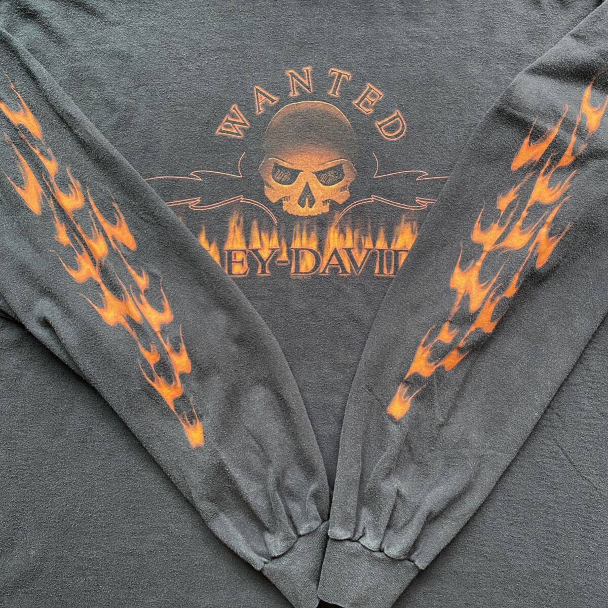 古着 Y2K Harley Davidson Wanted Skull Fire Flame L/S Tee XL 古着 Y2K Harley Davidson Wanted Skull Fire Flame L/S Tee XL