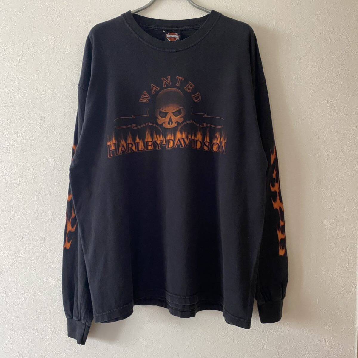 古着 Y2K Harley Davidson Wanted Skull Fire Flame L/S Tee XL 古着 Y2K Harley Davidson Wanted Skull Fire Flame L/S Tee XL
