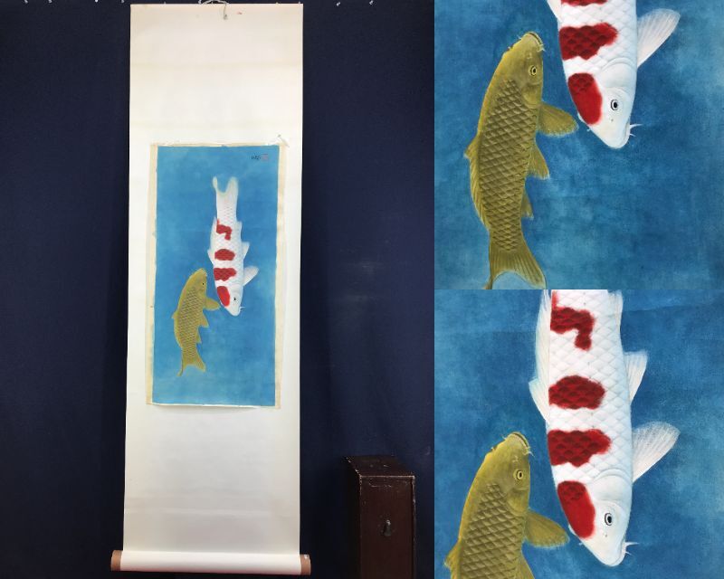 真作/佐藤美雄/鯉図/双鯉/遊鯉/コイ図/花鳥図/日本画/マクリ/ 真作/佐藤美雄/鯉図/双鯉/遊鯉/コイ図/花鳥図/日本画/マクリ/