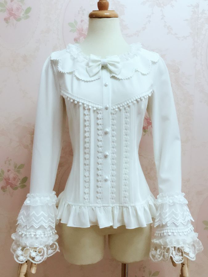  new goods Lolita race tops shirt blouse . series retro bell * sleeve long sleeve formal frill slim elegant white 