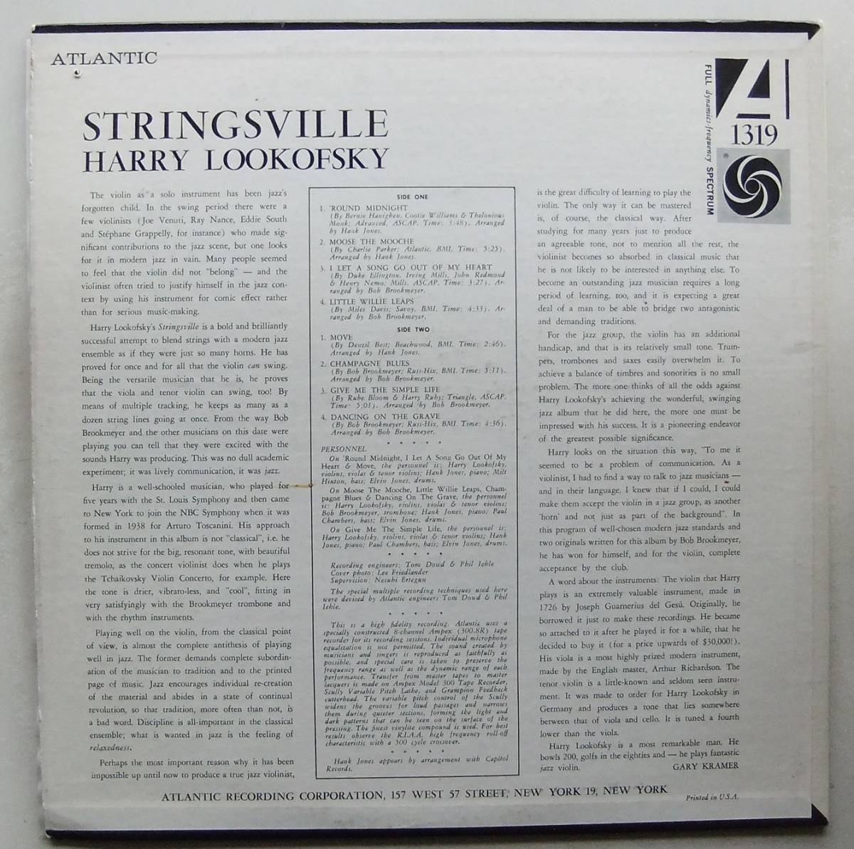 ◆ HARRY LOOKOFSKY / Stringsville / PAUL CHAMBERS / ELVIN JONES ◆ Atlantic 1319 (black:dg) ◆ S_画像2