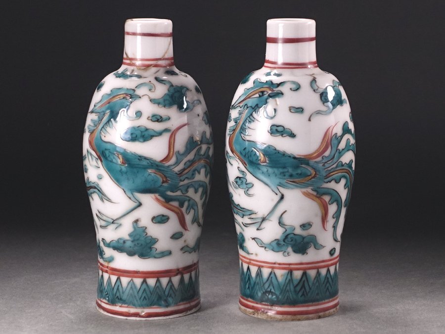 中国 呉須青絵 瓶一対 鳳凰図 中国呉須青絵瓶一対鳳凰図