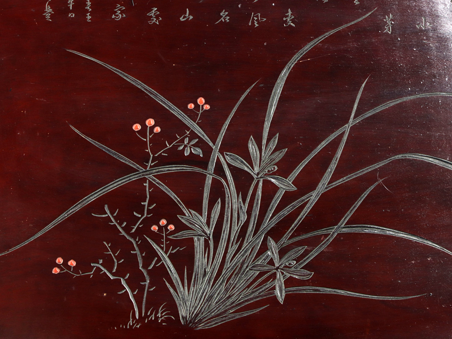定番のお歳暮&冬ギフト 時代古作 魁◇古美術品 在銘 花図漢詩細密彫刻 古唐木紫檀紅木 木工、竹工芸
