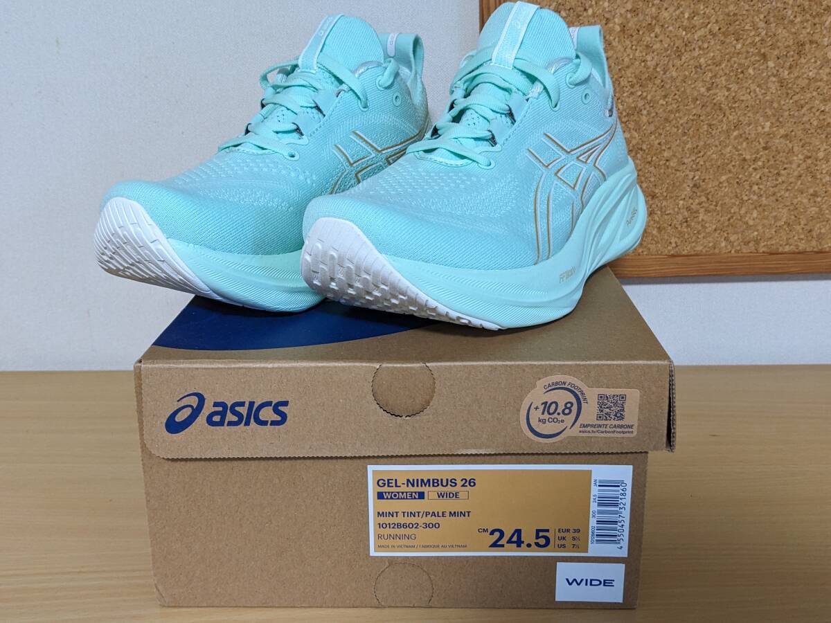 1度履いたのみの美品 ワイド WIDE ASICS GEL-NIMBUS 26 ミント ゲル ニンバス アシックス GEL NIMBUS 1012B602 GELNIMBUS26 ゲルニンバス26