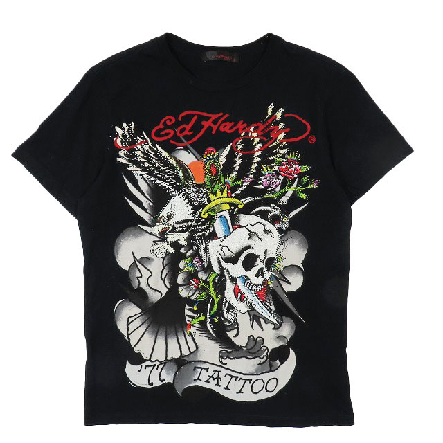 エドハーディー Ed Hardy スカルプリント ビジュー クルーネック Tシャツ カットソー 半袖 黒 ブラック S メンズ