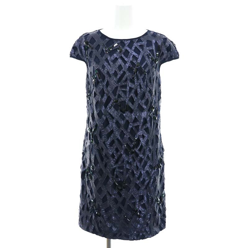 タダシショージ TADASHI SHOJI ワンピース スパンコール ビジュー 膝丈 半袖 シルク 2 紺 ネイビー 4E90438M /MI ■GY12 レディース