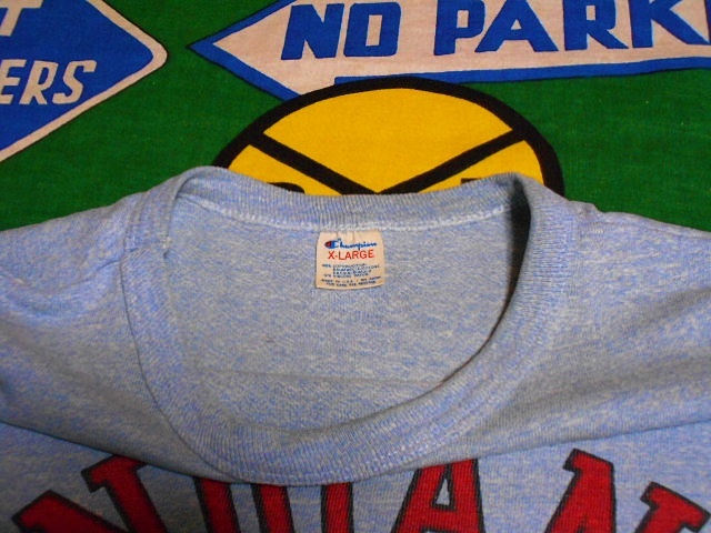 ★ビッグサイズな1枚★Made in USA製アメリカ製Championチャンピオンビンテージカレッジ染み込みプリントTシャツ80s80年代トリコタグ青霜降_画像9