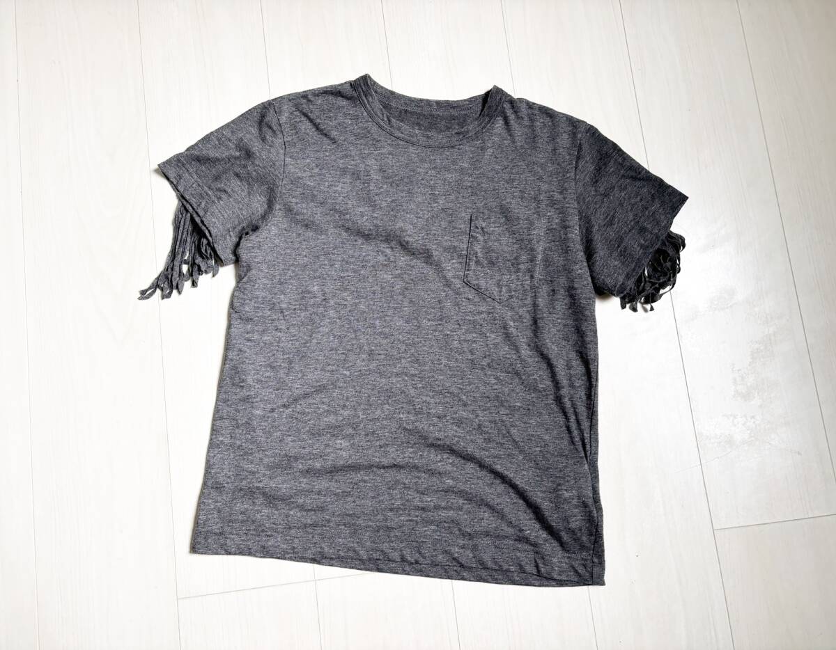 16SS sacai サカイ Tシャツ バックフリンジ カットソー リネン 麻 ポリエステル 胸ポケ 半袖 2 グレー レディース △7