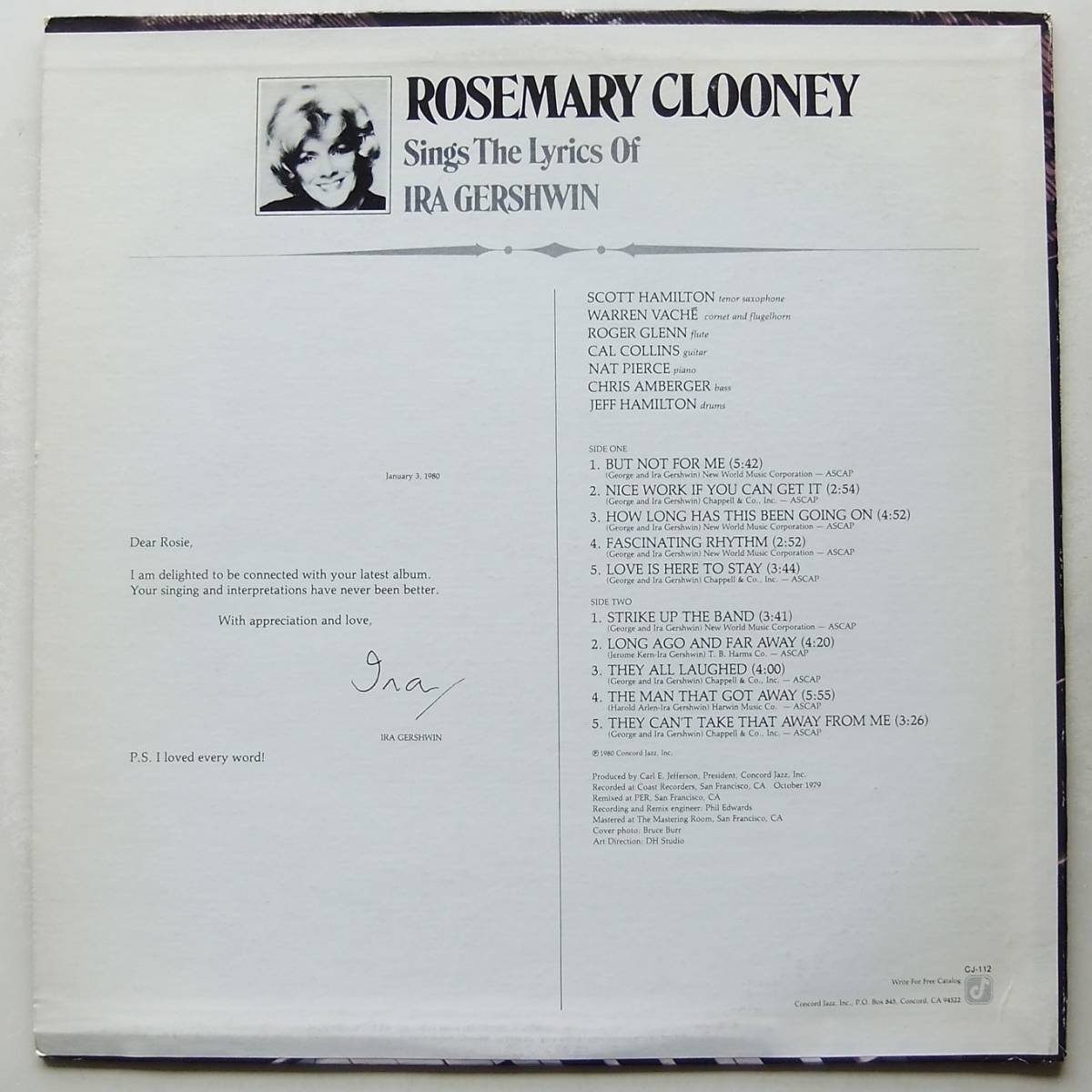 ◆ ROSEMARY CLOONEY Sings The Lyrics Of Ira Gershwin ◆ Concord CJ-112 ◆ L_画像2