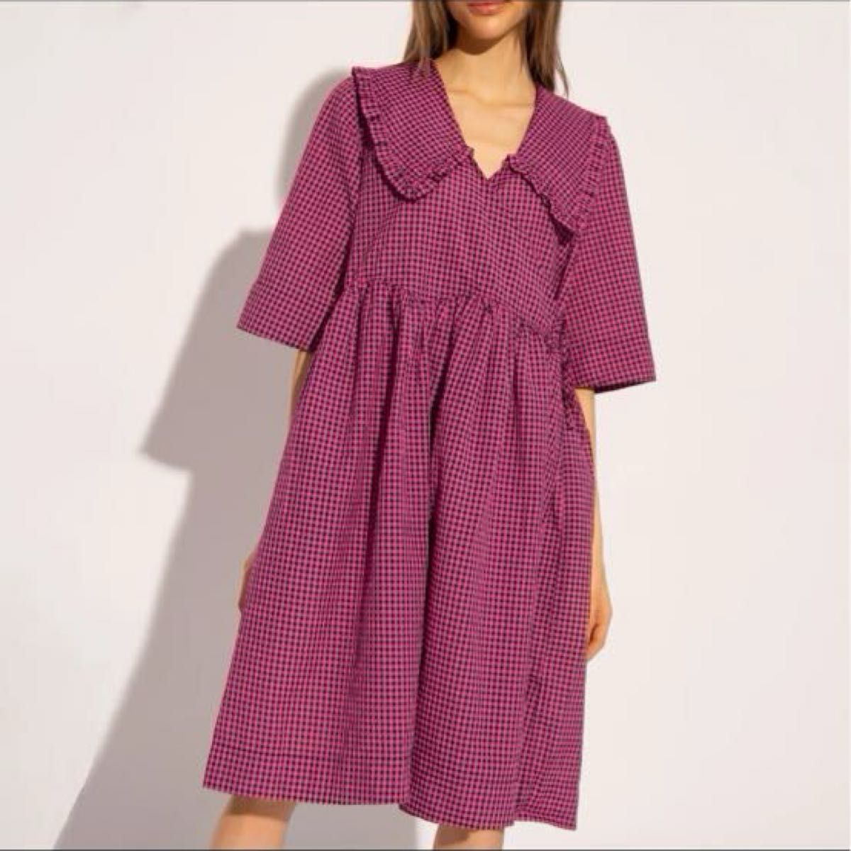 GANNI チェック スリーブレス ミディ ドレス GANNI”ガニー美品シアサッカーチェックカシュクールミニドレス