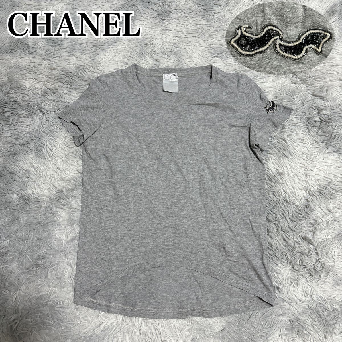 状態良 CHANEL シャネル ビーズ ロゴ Tシャツ 半袖 カットソー 状態良 CHANEL シャネル ビーズ ロゴ Tシャツ 半袖 カットソー