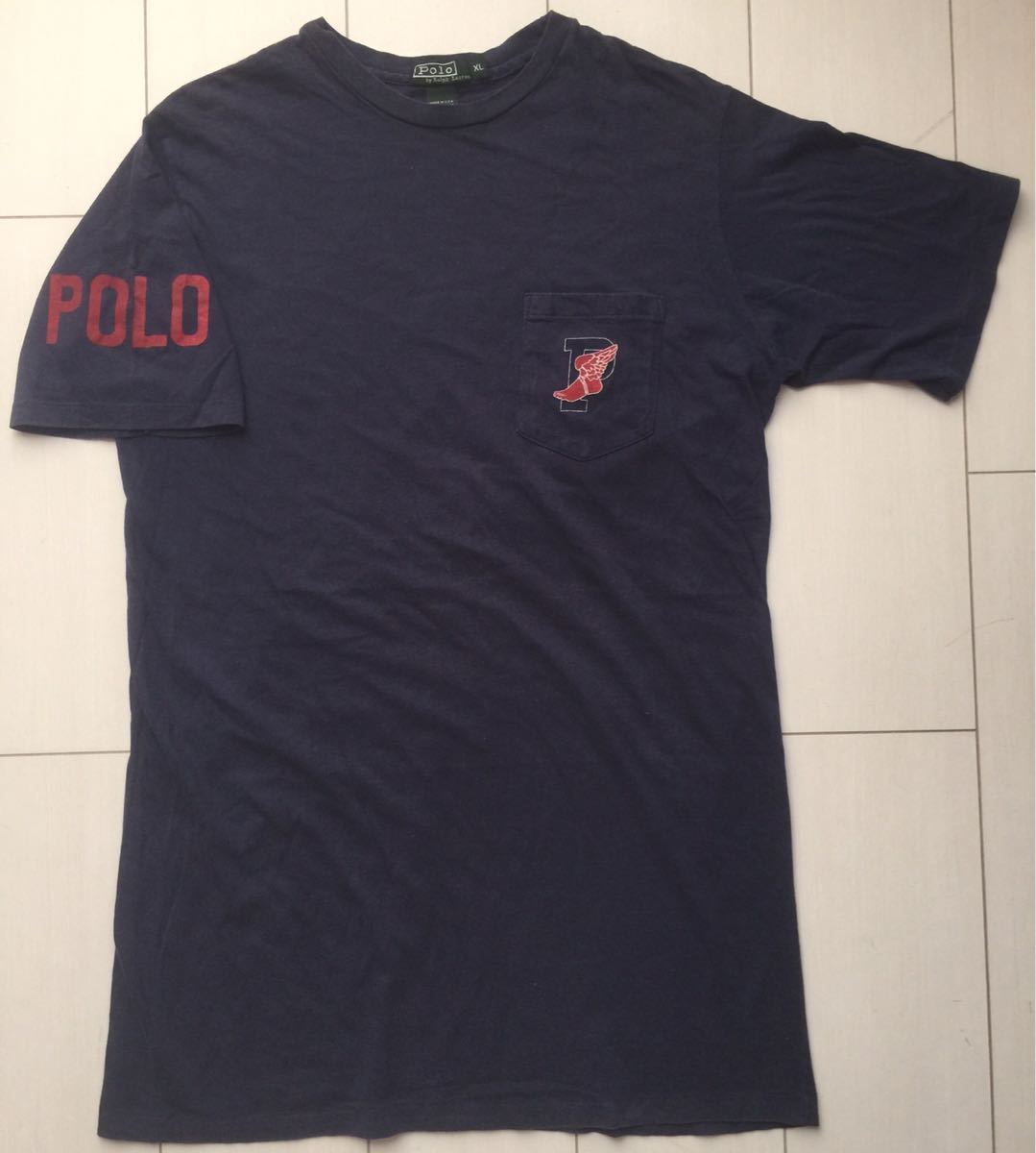 送料無料 90s USA製 Polo by Ralph Lauren 1992 STADIUM Tシャツ ラルフローレン ウィングフット p wing foot vintage ビンテージ XL 93 紺_画像2