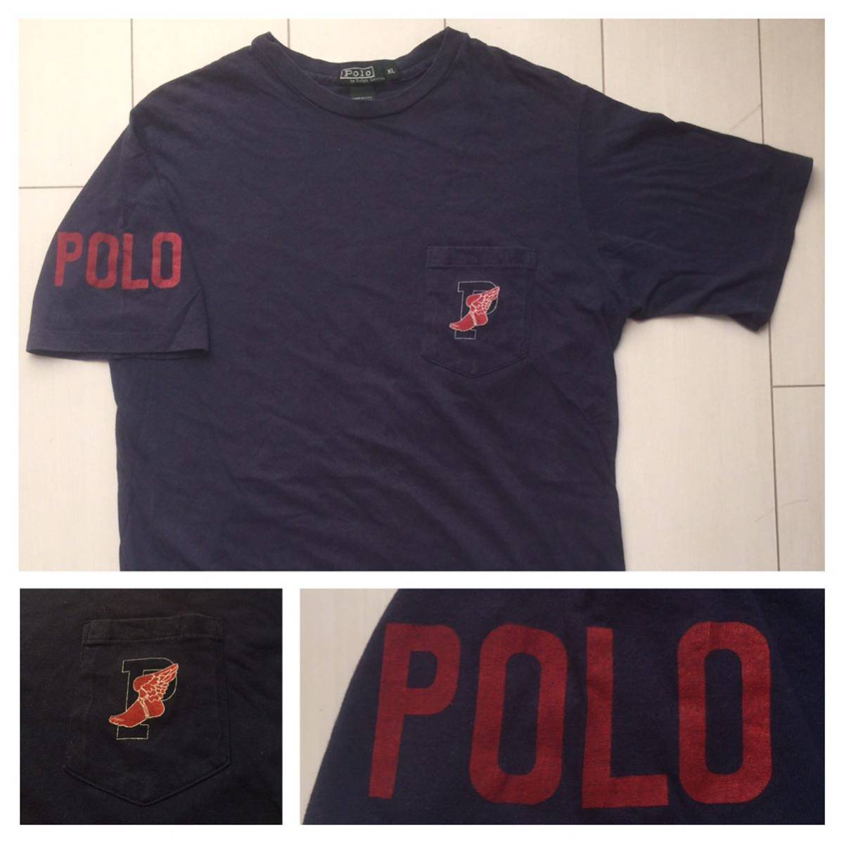 送料無料 90s USA製 Polo by Ralph Lauren 1992 STADIUM Tシャツ ラルフローレン ウィングフット p wing foot vintage ビンテージ XL 93 紺