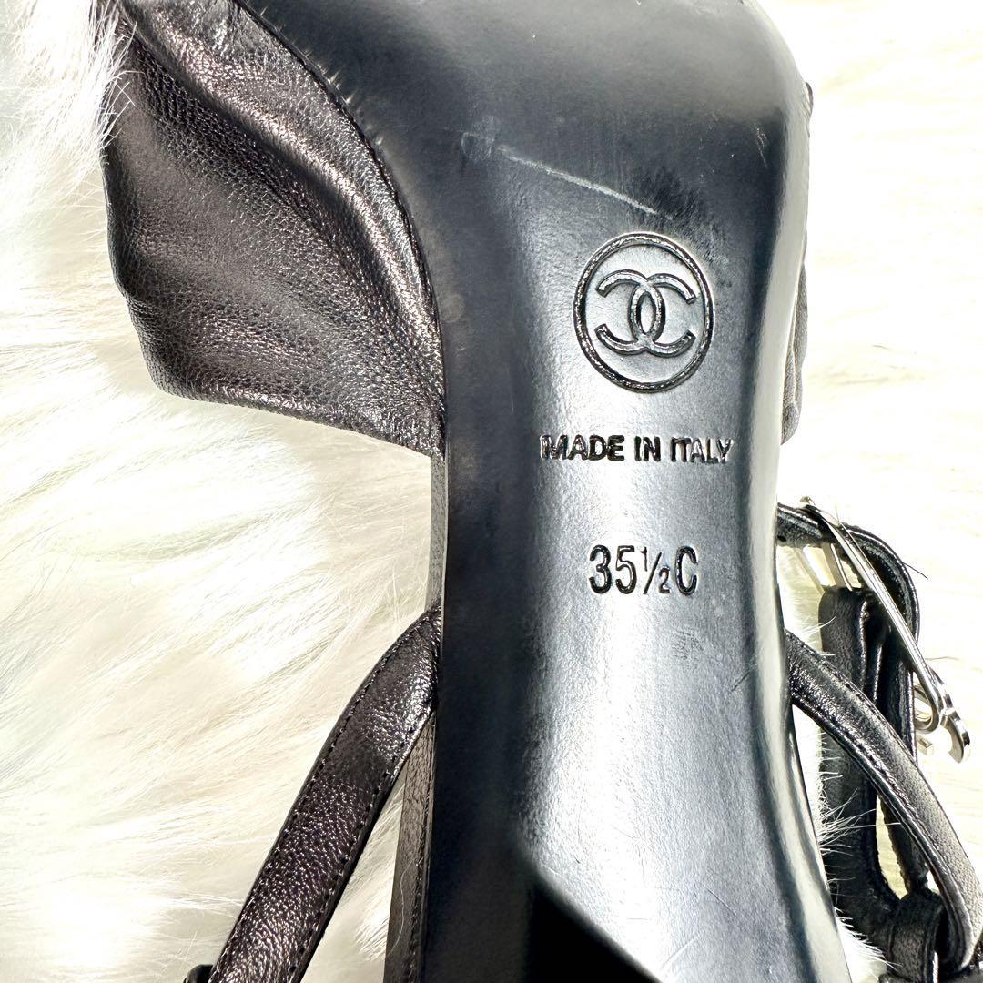 CHANEL ヒール サンダル ブラック レザー リボン ココマーク CHANEL ヒール サンダル ブラック レザー リボン ココマーク