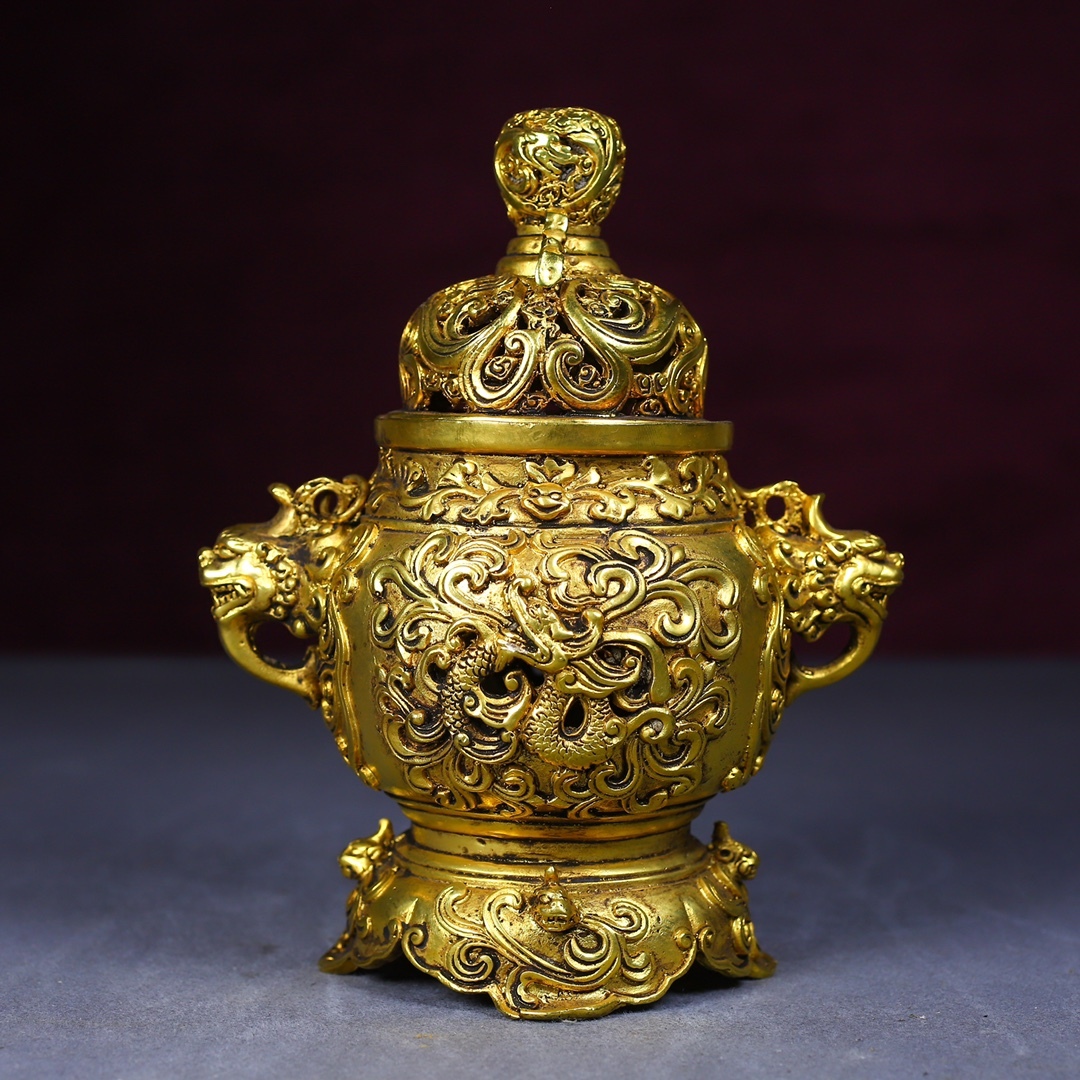 珍品旧蔵*清時代 銅製 銅塗金 浮雕鏤空工藝 燻香炉 宮廷 珍品旧蔵*清時代 銅製 銅塗金 浮雕鏤空工藝 燻香炉 宮廷