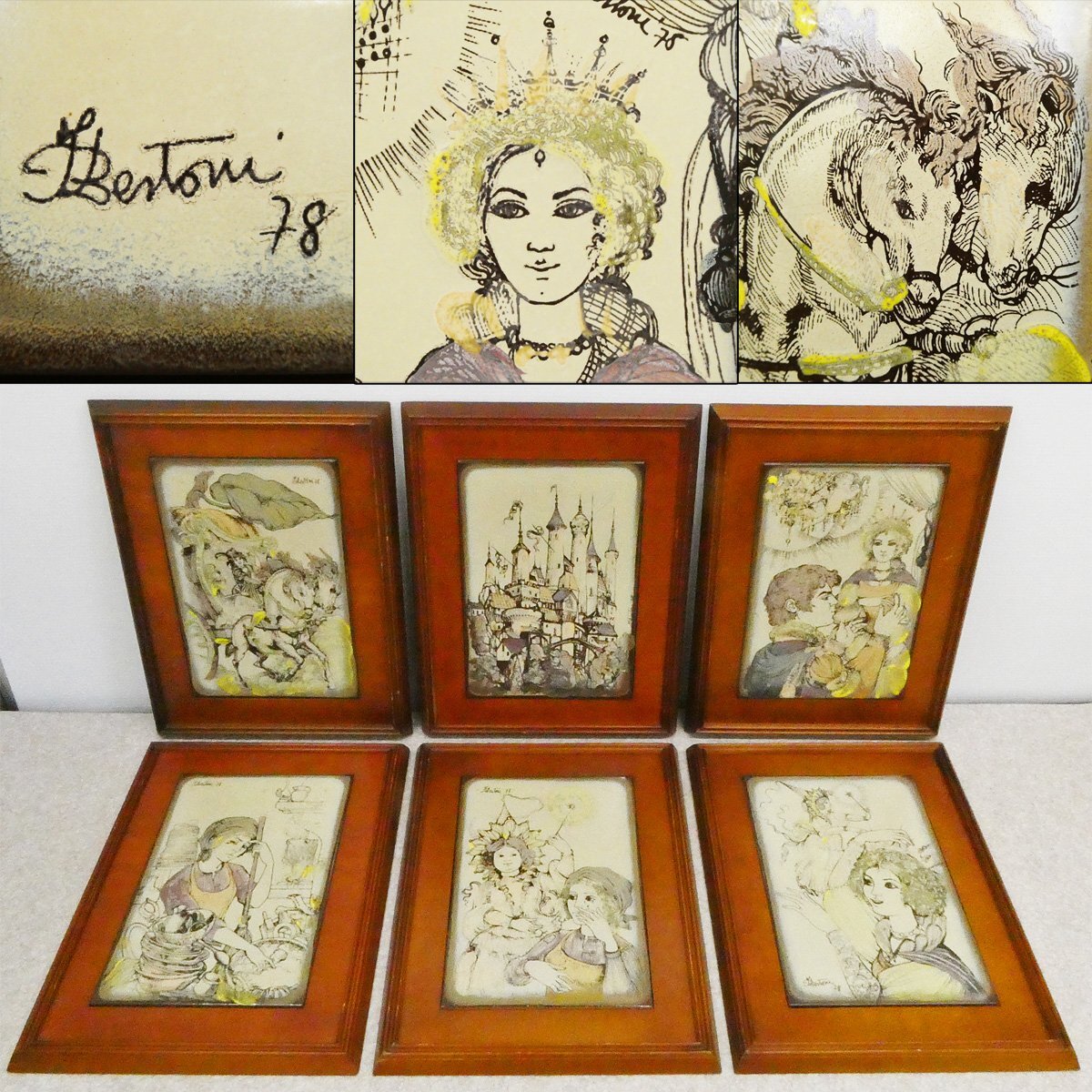 ♯ イタリア製 ヴィンテージ タイル シンデレラ 額装品 6点セット! Semigres F.Bertoni 1978 Cinderella タイル額 陶板画 陶額 飾額