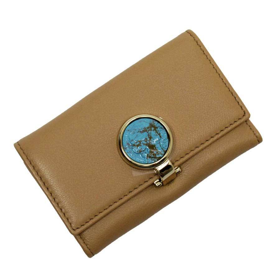 BVLGARI ブルガリ 6連キーケース レザーx金属素材 ベージュxブルーx