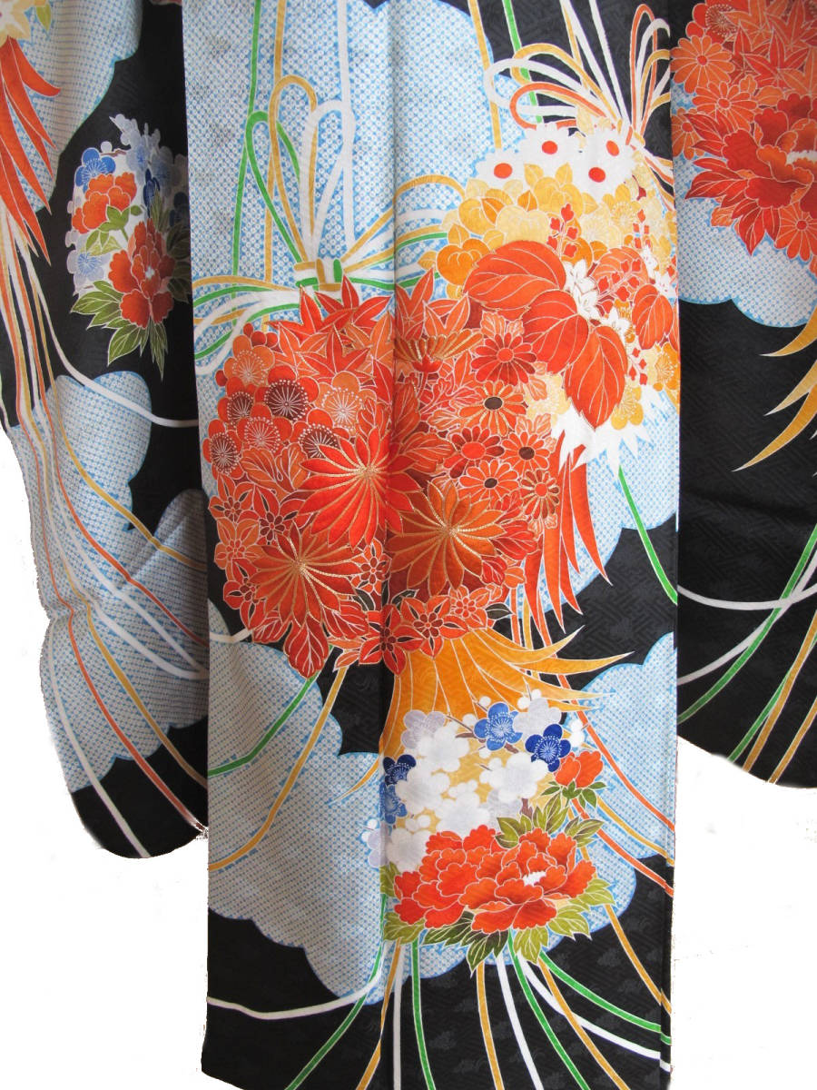  flower medicine sphere .. taking . classic pattern .. black ground . long-sleeved kimono embroidery entering kimono coming-of-age ceremony wedding 