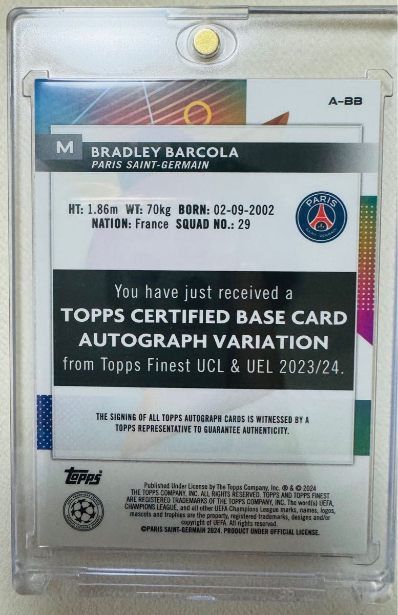マグホ付 Barcola 2023-24 Topps Finest UEFA RC 直筆サイン マグホ付 Barcola 2023-24 Topps Finest UEFA RC 直筆サイン