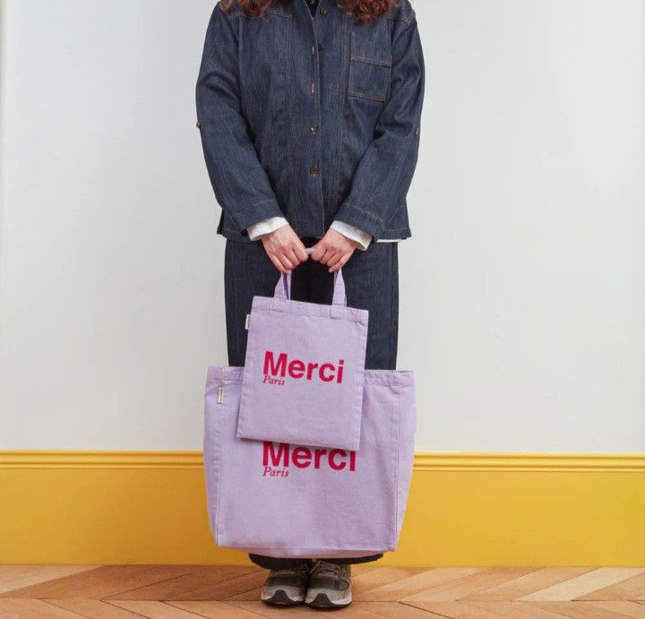 Merci トートバッグ コットントートバッグ - パープル&エクリュ 直輸入 タグ付き メルシー merci トートバッグ フランス パリ