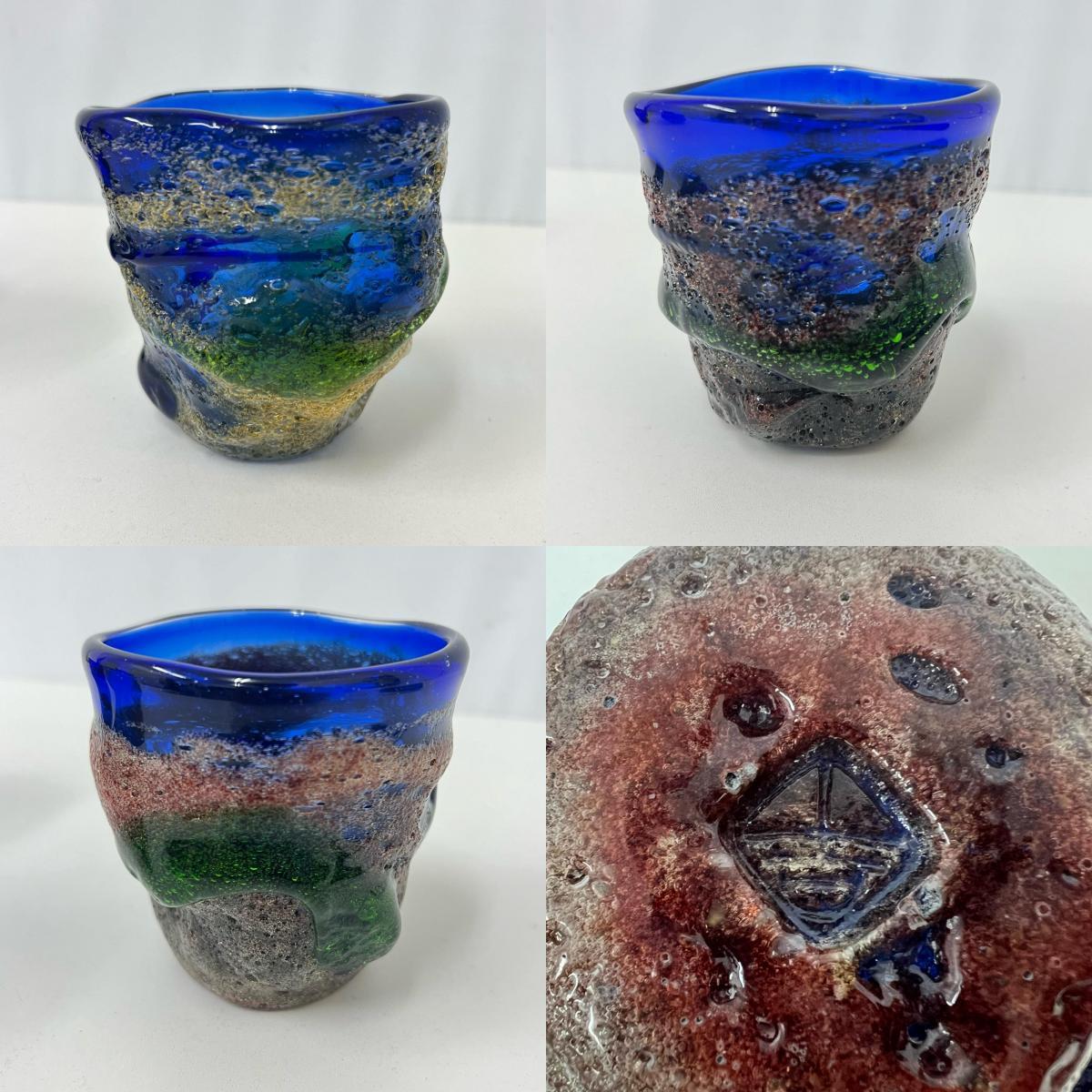 稲嶺盛吉 希少珍品 ちぶぐぁ(小さなぐい呑み) 雲仙普賢岳灰使用 ☆稲嶺盛吉 泡ぐい呑 緑泡 グラス青 瑠璃色4客