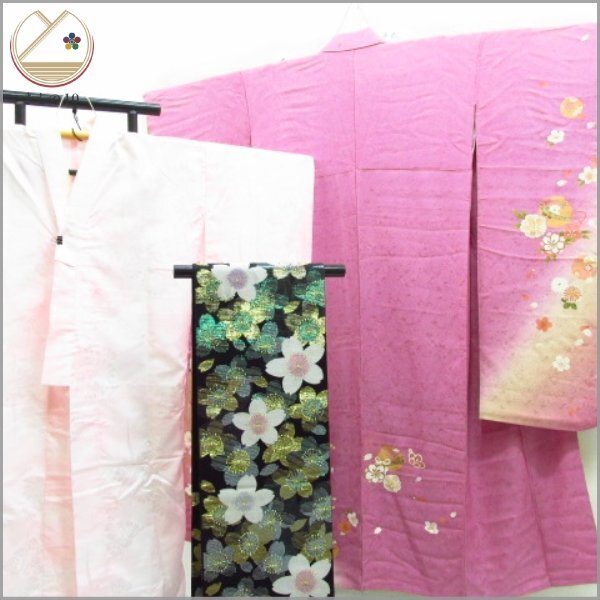 * кимоно 10* 1 иен замечательная вещь!! шелк кимоно с длинными рукавами двойной пояс obi * нижняя рубашка комплект . длина 156cm.70cm [ включение в покупку возможно ] *****
