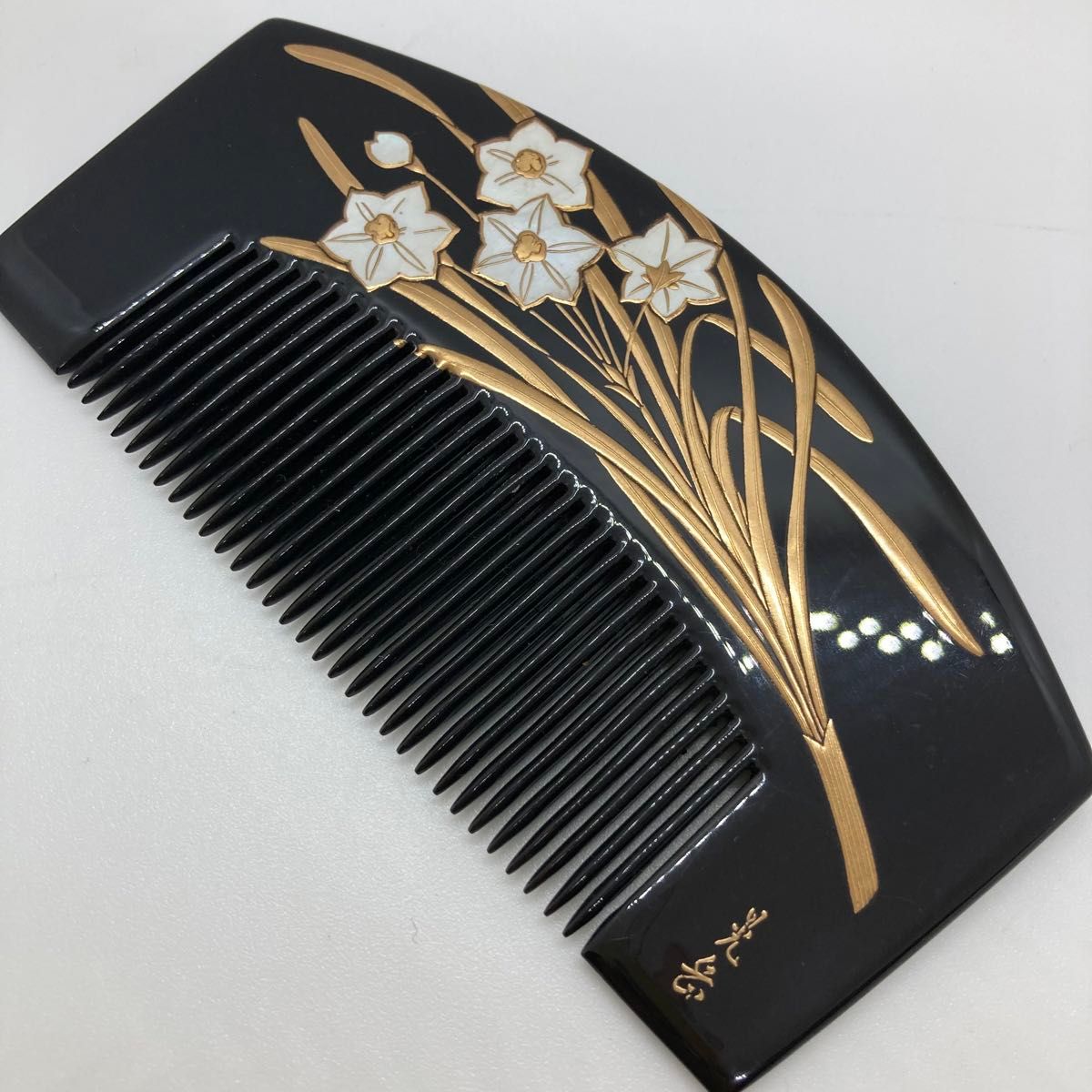 07 かづら清 本漆純金蒔絵 水仙文様 黒漆 櫛 型 かんざし 専任 07 かづら清 本漆純金蒔絵 水仙文様 黒漆 櫛 型 かんざし 専任